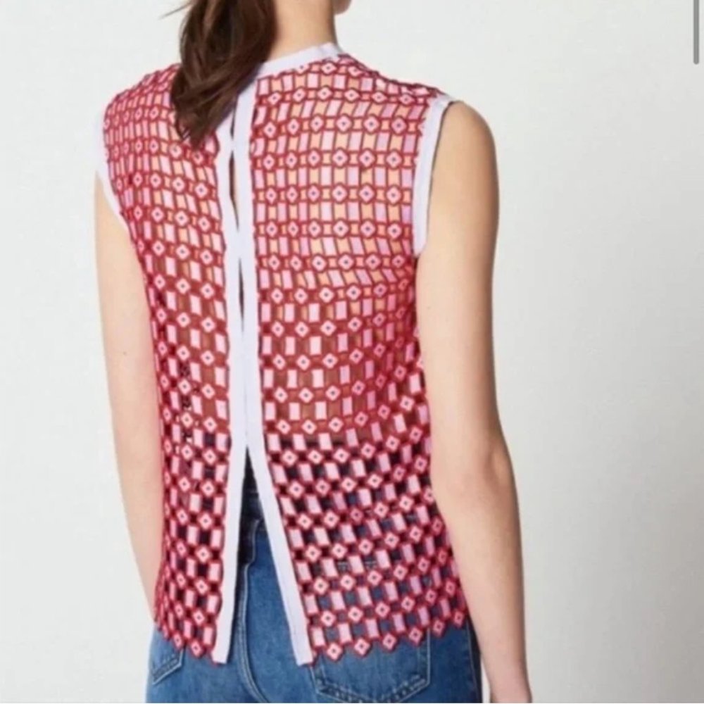 SANDRO PARIS "Yonna" Geometric Openwork Lace Rouge Top - Picture 2 of 8